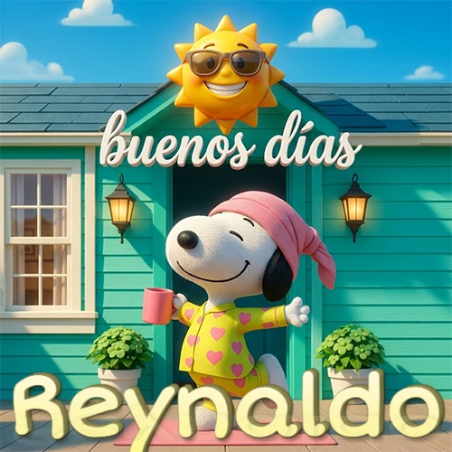 Escena de Snoopy en pijama con taza de café frente a casa turquesa, sol brillante con gafas, nombre abajo en tono crema. Nombre personalizado: Reynaldo.