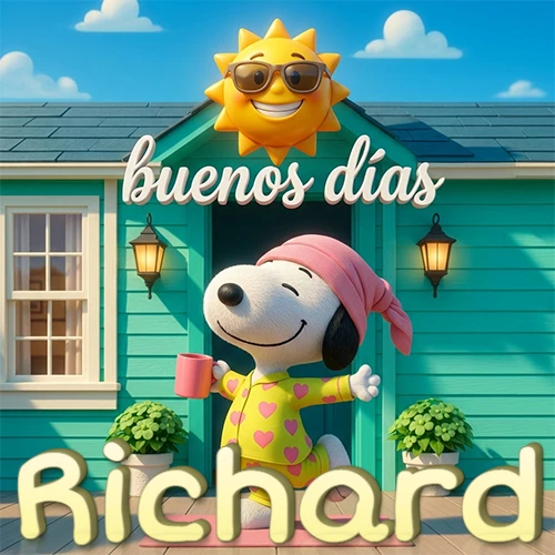 Escena de Snoopy en pijama con taza de café frente a casa turquesa, sol brillante con gafas, nombre abajo en tono crema. Nombre personalizado: Richard.