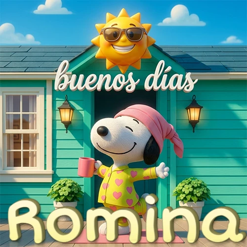 Escena de Snoopy en pijama con taza de café frente a casa turquesa, sol brillante con gafas, nombre abajo en tono crema. Nombre personalizado: Romina.