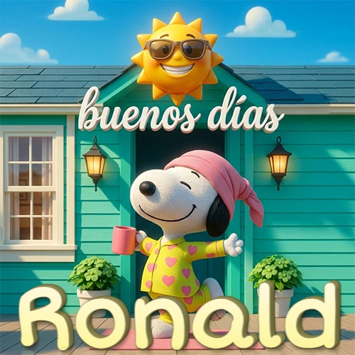 Escena de Snoopy en pijama con taza de café frente a casa turquesa, sol brillante con gafas, nombre abajo en tono crema. Nombre personalizado: Ronald.