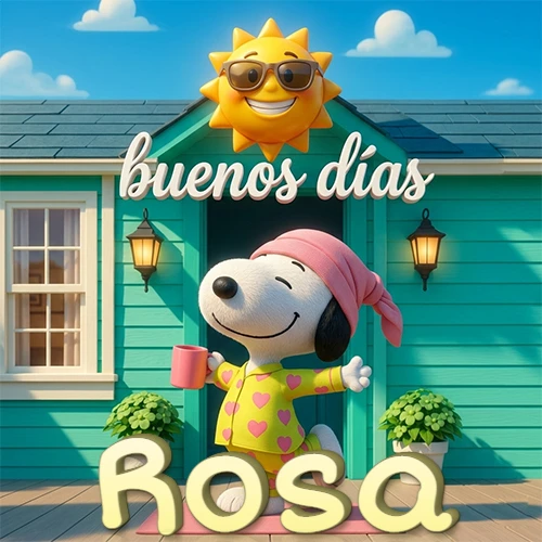 Escena de Snoopy en pijama con taza de café frente a casa turquesa, sol brillante con gafas, nombre abajo en tono crema. Nombre personalizado: Rosa.