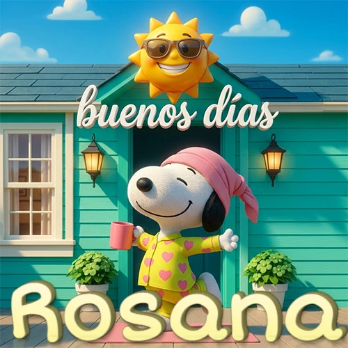 Escena de Snoopy en pijama con taza de café frente a casa turquesa, sol brillante con gafas, nombre abajo en tono crema. Nombre personalizado: Rosana.