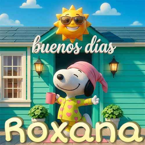 Escena de Snoopy en pijama con taza de café frente a casa turquesa, sol brillante con gafas, nombre abajo en tono crema. Nombre personalizado: Roxana. Escena de Snoopy en pijama con taza de café frente a casa turquesa, sol brillante con gafas, nombre abajo en tono crema. Nombre personalizado: Roxana.