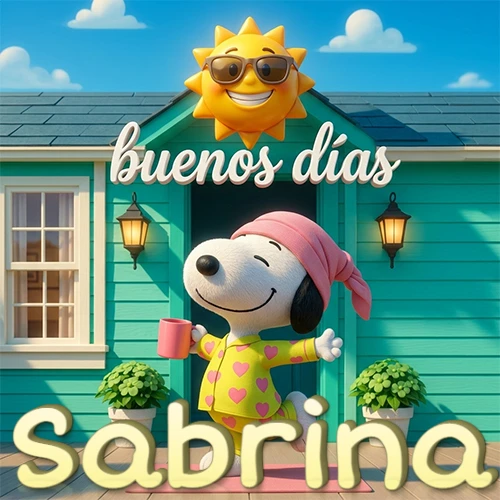 Escena de Snoopy en pijama con taza de café frente a casa turquesa, sol brillante con gafas, nombre abajo en tono crema. Nombre personalizado: Sabrina.