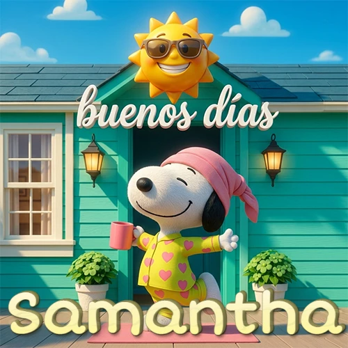 Escena de Snoopy en pijama con taza de café frente a casa turquesa, sol brillante con gafas, nombre abajo en tono crema. Nombre personalizado: Samantha.