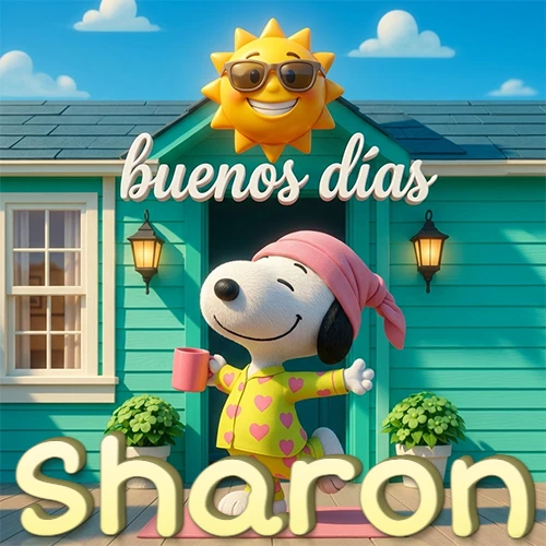 Escena de Snoopy en pijama con taza de café frente a casa turquesa, sol brillante con gafas, nombre abajo en tono crema. Nombre personalizado: Sharon.