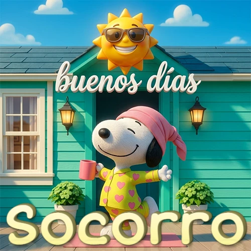 Escena de Snoopy en pijama con taza de café frente a casa turquesa, sol brillante con gafas, nombre abajo en tono crema. Nombre personalizado: Socorro.