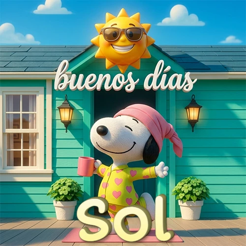 Escena de Snoopy en pijama con taza de café frente a casa turquesa, sol brillante con gafas, nombre abajo en tono crema. Nombre personalizado: Sol.