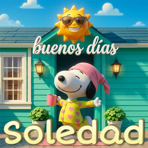 Escena de Snoopy en pijama con taza de café frente a casa turquesa, sol brillante con gafas, nombre abajo en tono crema. Nombre personalizado: Soledad.