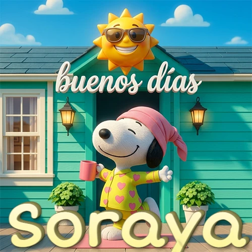 Escena de Snoopy en pijama con taza de café frente a casa turquesa, sol brillante con gafas, nombre abajo en tono crema. Nombre personalizado: Soraya. Escena de Snoopy en pijama con taza de café frente a casa turquesa, sol brillante con gafas, nombre abajo en tono crema. Nombre personalizado: Soraya.