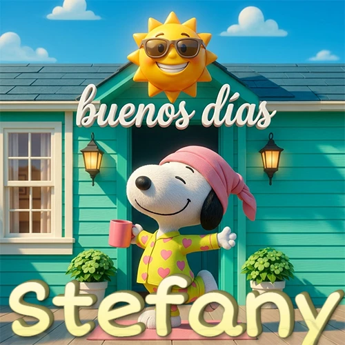Escena de Snoopy en pijama con taza de café frente a casa turquesa, sol brillante con gafas, nombre abajo en tono crema. Nombre personalizado: Stefany.