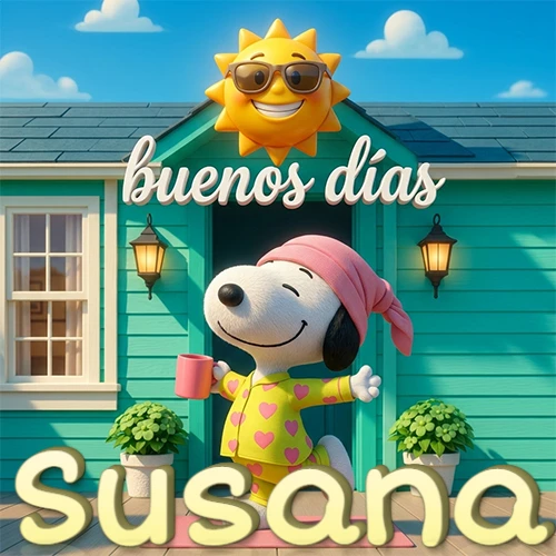Escena de Snoopy en pijama con taza de café frente a casa turquesa, sol brillante con gafas, nombre abajo en tono crema. Nombre personalizado: Susana. Escena de Snoopy en pijama con taza de café frente a casa turquesa, sol brillante con gafas, nombre abajo en tono crema. Nombre personalizado: Susana.