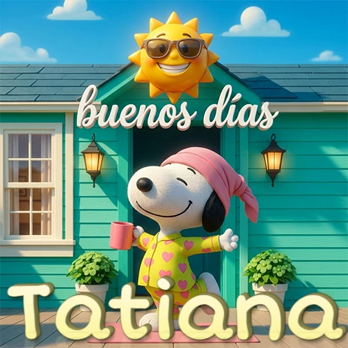 Escena de Snoopy en pijama con taza de café frente a casa turquesa, sol brillante con gafas, nombre abajo en tono crema. Nombre personalizado: Tatiana.