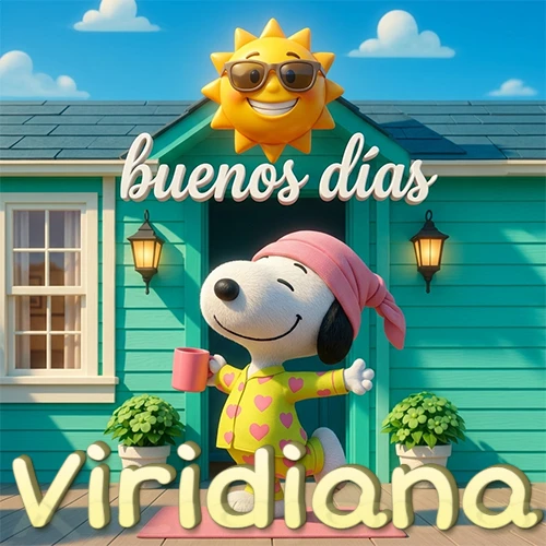 Escena de Snoopy en pijama con taza de café frente a casa turquesa, sol brillante con gafas, nombre abajo en tono crema. Nombre personalizado: Viridiana.