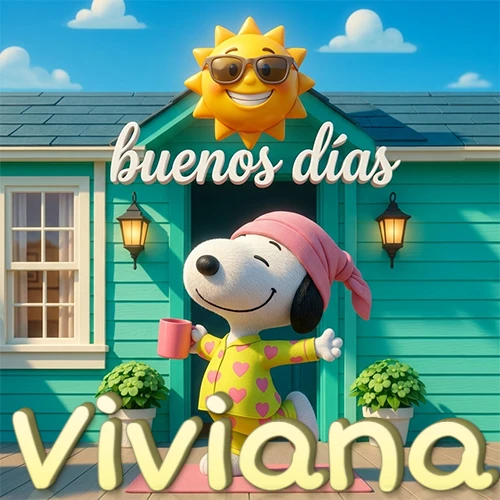 Escena de Snoopy en pijama con taza de café frente a casa turquesa, sol brillante con gafas, nombre abajo en tono crema. Nombre personalizado: Viviana.