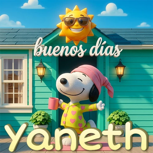 Escena de Snoopy en pijama con taza de café frente a casa turquesa, sol brillante con gafas, nombre abajo en tono crema. Nombre personalizado: Yaneth.