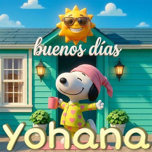 Escena de Snoopy en pijama con taza de café frente a casa turquesa, sol brillante con gafas, nombre abajo en tono crema. Nombre personalizado: Yohana.