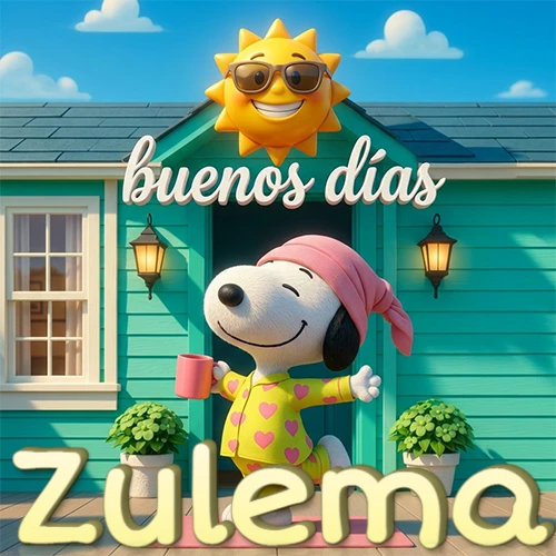 Escena de Snoopy en pijama con taza de café frente a casa turquesa, sol brillante con gafas, nombre abajo en tono crema. Nombre personalizado: Zulema.