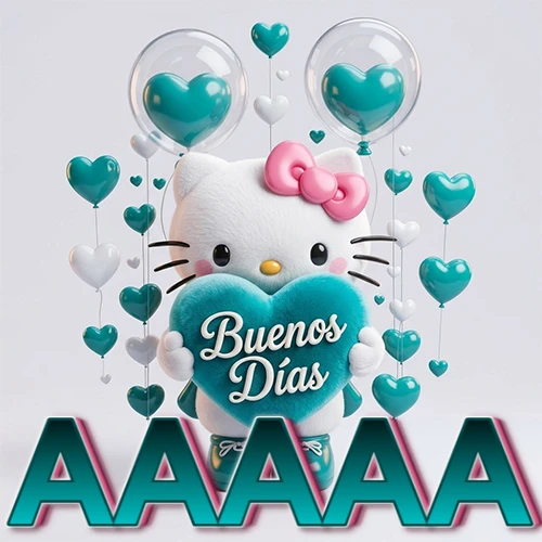 Hello Kitty abrazando un corazón turquesa grande con frase de buenos días, nombre abajo en turquesa con globos corazón. Nombre personalizado: AAAAA.