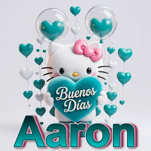 Hello Kitty abrazando un corazón turquesa grande con frase de buenos días, nombre abajo en turquesa con globos corazón. Nombre personalizado: Aaron.