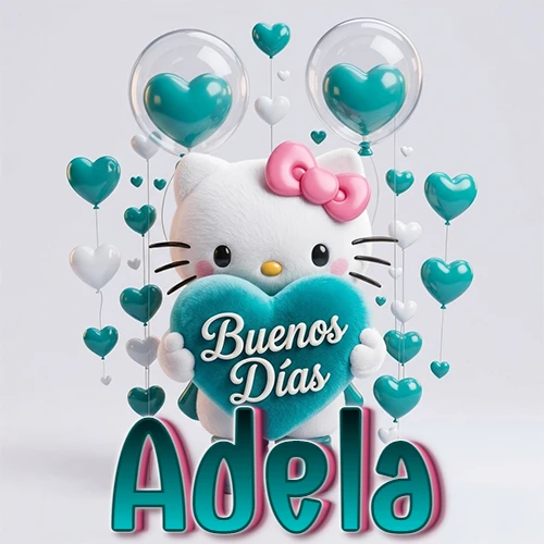 Hello Kitty abrazando un corazón turquesa grande con frase de buenos días, nombre abajo en turquesa con globos corazón. Nombre personalizado: Adela.