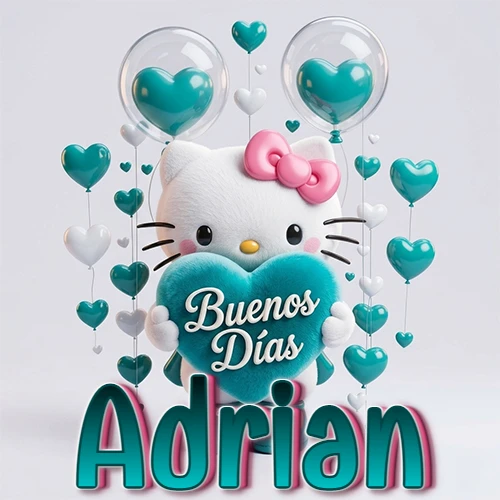 Hello Kitty abrazando un corazón turquesa grande con frase de buenos días, nombre abajo en turquesa con globos corazón. Nombre personalizado: Adrian.