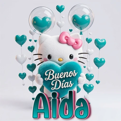 Hello Kitty abrazando un corazón turquesa grande con frase de buenos días, nombre abajo en turquesa con globos corazón. Nombre personalizado: Aida.