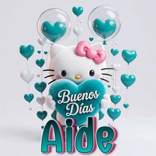 Hello Kitty abrazando un corazón turquesa grande con frase de buenos días, nombre abajo en turquesa con globos corazón. Nombre personalizado: Aide.