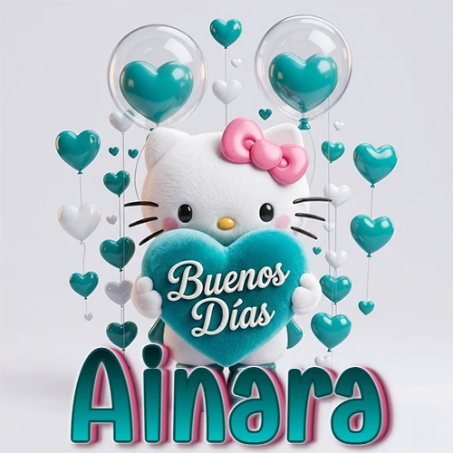 Hello Kitty abrazando un corazón turquesa grande con frase de buenos días, nombre abajo en turquesa con globos corazón. Nombre personalizado: Ainara.