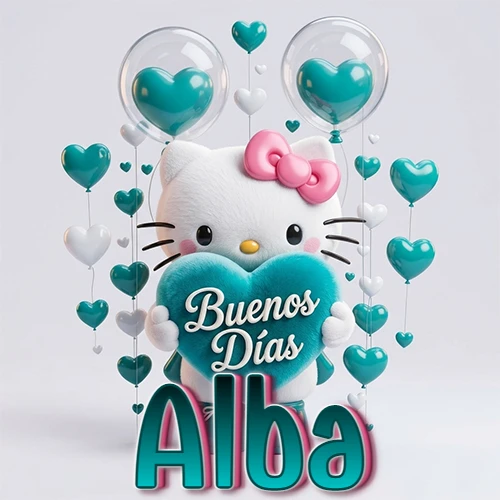 Hello Kitty abrazando un corazón turquesa grande con frase de buenos días, nombre abajo en turquesa con globos corazón. Nombre personalizado: Alba.