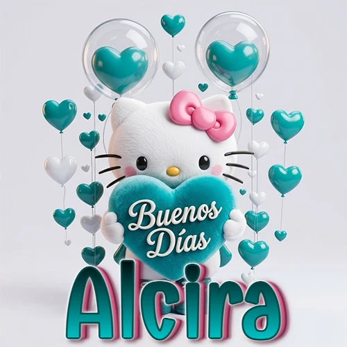 Hello Kitty abrazando un corazón turquesa grande con frase de buenos días, nombre abajo en turquesa con globos corazón. Nombre personalizado: Alcira.