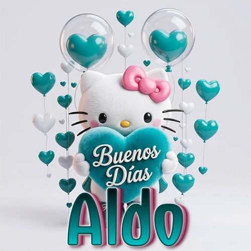 Hello Kitty abrazando un corazón turquesa grande con frase de buenos días, nombre abajo en turquesa con globos corazón. Nombre personalizado: Aldo.