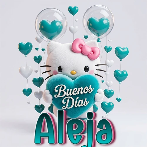 Hello Kitty abrazando un corazón turquesa grande con frase de buenos días, nombre abajo en turquesa con globos corazón. Nombre personalizado: Aleja.