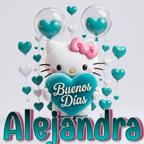 Hello Kitty abrazando un corazón turquesa grande con frase de buenos días, nombre abajo en turquesa con globos corazón. Nombre personalizado: Alejandra.