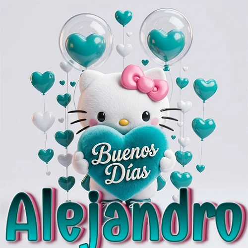 Hello Kitty abrazando un corazón turquesa grande con frase de buenos días, nombre abajo en turquesa con globos corazón. Nombre personalizado: Alejandro.
