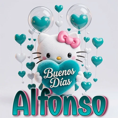 Hello Kitty abrazando un corazón turquesa grande con frase de buenos días, nombre abajo en turquesa con globos corazón. Nombre personalizado: Alfonso.