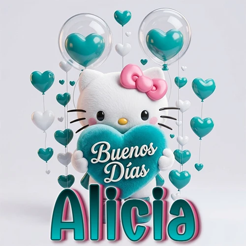 Hello Kitty abrazando un corazón turquesa grande con frase de buenos días, nombre abajo en turquesa con globos corazón. Nombre personalizado: Alicia.