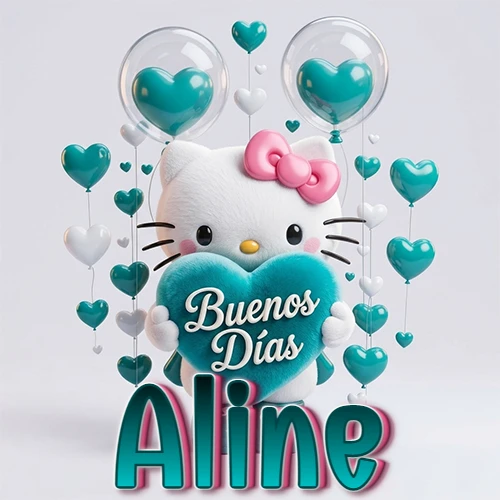 Hello Kitty abrazando un corazón turquesa grande con frase de buenos días, nombre abajo en turquesa con globos corazón. Nombre personalizado: Aline. Hello Kitty abrazando un corazón turquesa grande con frase de buenos días, nombre abajo en turquesa con globos corazón. Nombre personalizado: Aline.