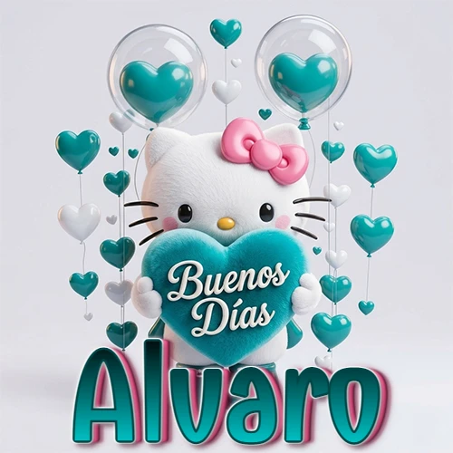 Hello Kitty abrazando un corazón turquesa grande con frase de buenos días, nombre abajo en turquesa con globos corazón. Nombre personalizado: Alvaro.