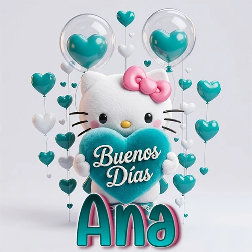 Hello Kitty abrazando un corazón turquesa grande con frase de buenos días, nombre abajo en turquesa con globos corazón. Nombre personalizado: Ana.