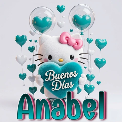 Hello Kitty abrazando un corazón turquesa grande con frase de buenos días, nombre abajo en turquesa con globos corazón. Nombre personalizado: Anabel.