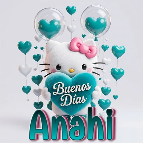 Hello Kitty abrazando un corazón turquesa grande con frase de buenos días, nombre abajo en turquesa con globos corazón. Nombre personalizado: Anahi.