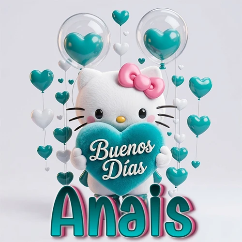 Hello Kitty abrazando un corazón turquesa grande con frase de buenos días, nombre abajo en turquesa con globos corazón. Nombre personalizado: Anais.