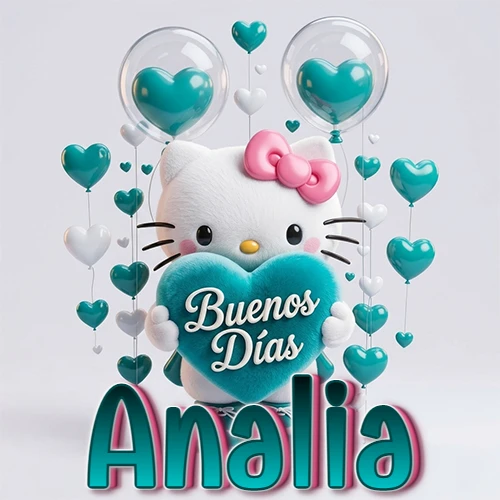 Hello Kitty abrazando un corazón turquesa grande con frase de buenos días, nombre abajo en turquesa con globos corazón. Nombre personalizado: Analia.