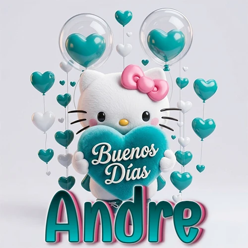Hello Kitty abrazando un corazón turquesa grande con frase de buenos días, nombre abajo en turquesa con globos corazón. Nombre personalizado: Andre.