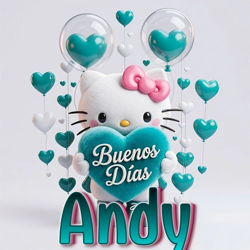 Hello Kitty abrazando un corazón turquesa grande con frase de buenos días, nombre abajo en turquesa con globos corazón. Nombre personalizado: Andy.