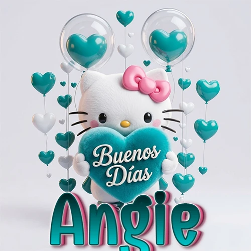 Hello Kitty abrazando un corazón turquesa grande con frase de buenos días, nombre abajo en turquesa con globos corazón. Nombre personalizado: Angie.