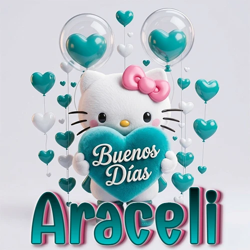 Hello Kitty abrazando un corazón turquesa grande con frase de buenos días, nombre abajo en turquesa con globos corazón. Nombre personalizado: Araceli.