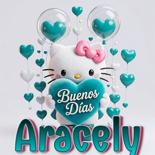 Hello Kitty abrazando un corazón turquesa grande con frase de buenos días, nombre abajo en turquesa con globos corazón. Nombre personalizado: Aracely.