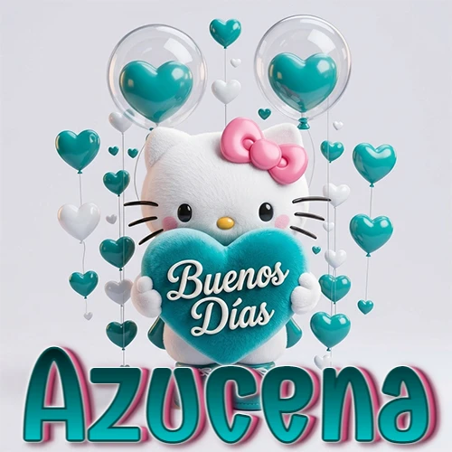 Hello Kitty abrazando un corazón turquesa grande con frase de buenos días, nombre abajo en turquesa con globos corazón. Nombre personalizado: Azucena.